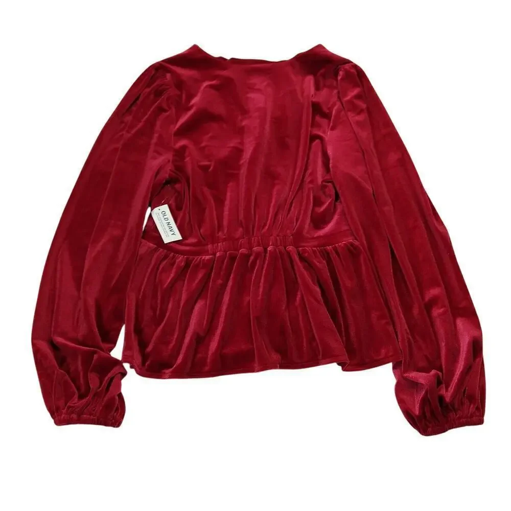 Old Navy Waist Defined Velvet Peplum Top Size S NWT Puff Sleeve Pink Stretch